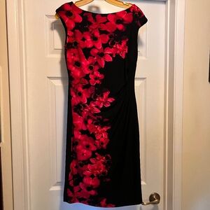 Red floral on black bodycon dress by Lauren Ralph Lauren, Size 4